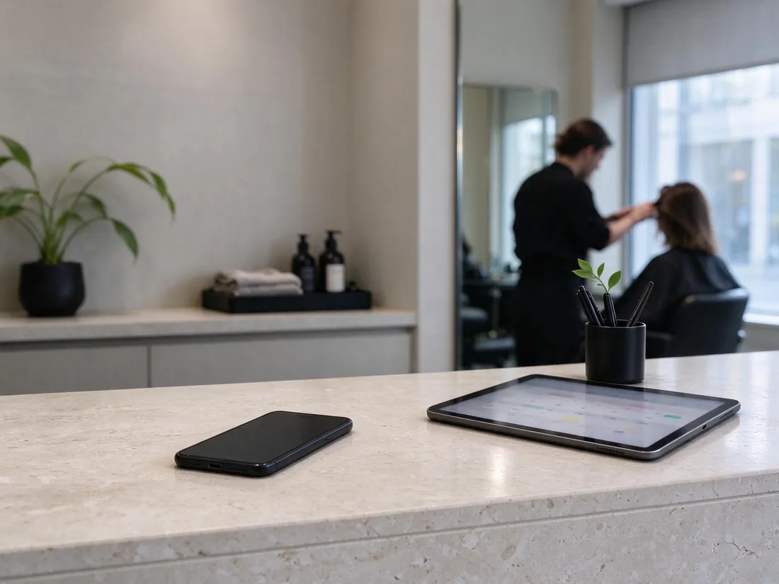 A salon front desk with a phone and a tablet showing a calendar