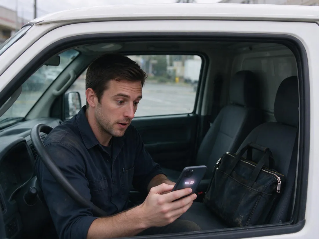 A plumber in his work van looking at an incoming call on his phone